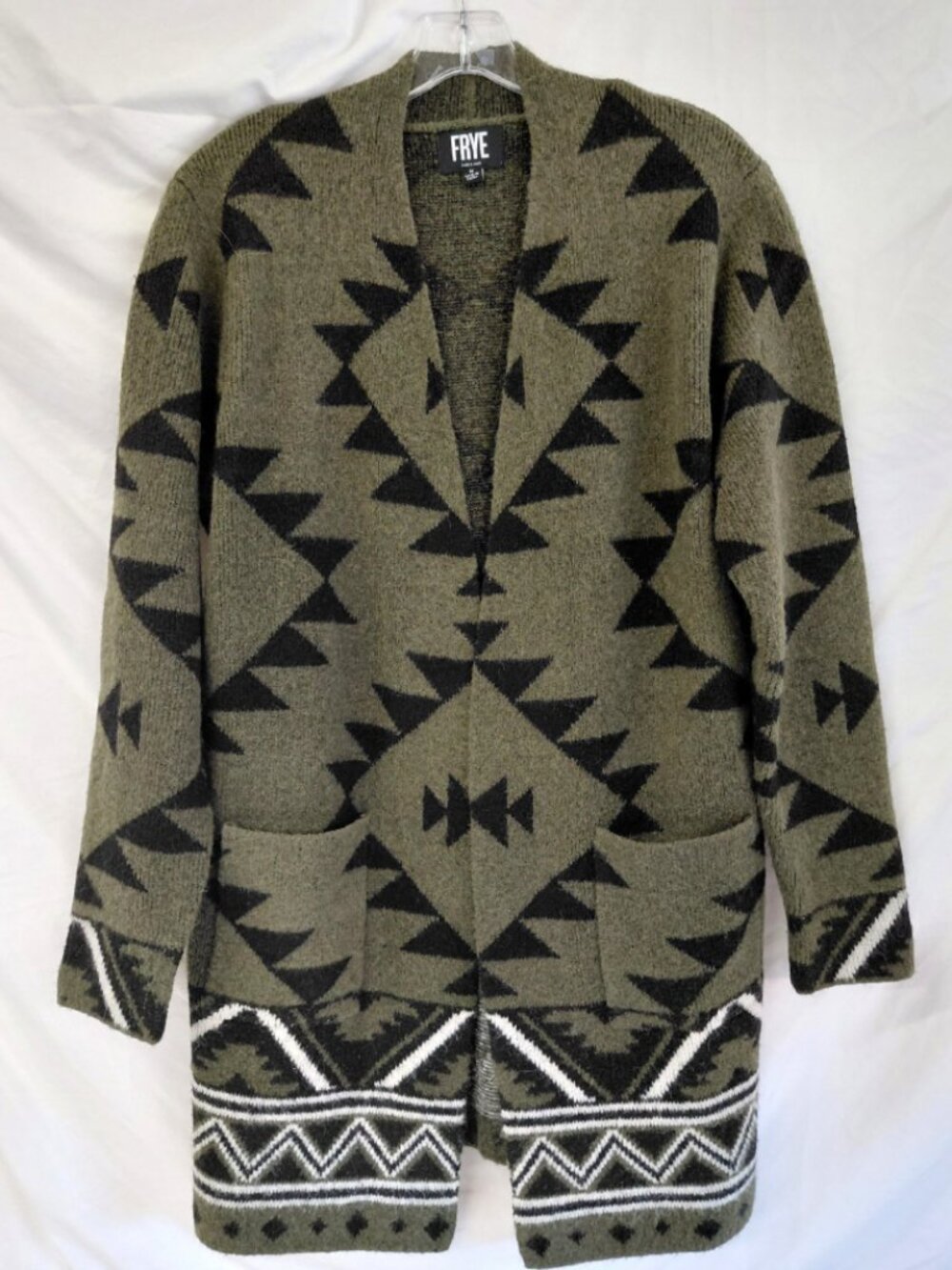 Frye The Cozy Cardigan Southwestern Geometric Olive Green Black Longline Size M